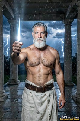 Holding a bright blade of light, a muscular bearded man stands in rain by stone columns