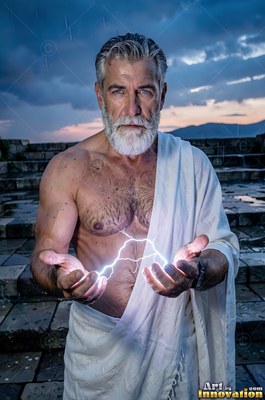 A silver-haired man holding lightning in his open hands