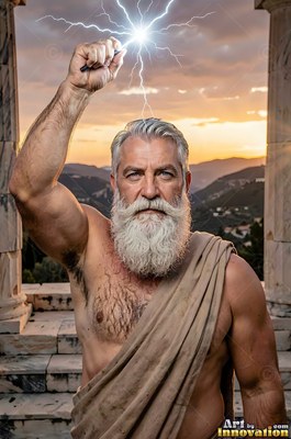 A gray-haired man with a beard in a draped tan cloth holds crackling lightning on a stone terrace