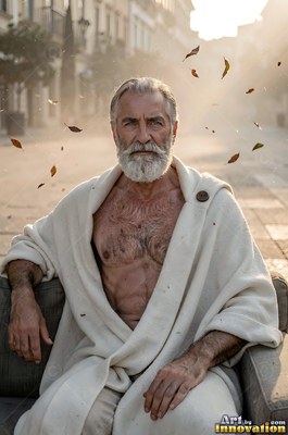 A gray-full-bearded man sits in an armchair as leaves blow by in pale golden sunlight