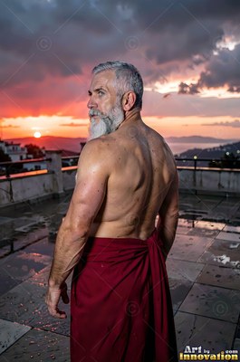 Turned away on a wet terrace, a bare-backed man with a pale gray beard looks back at sunset