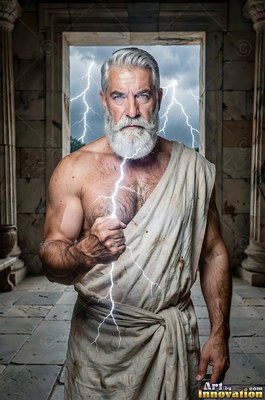 A bearded man in a cream toga holds a bolt of lightning in a stone doorway