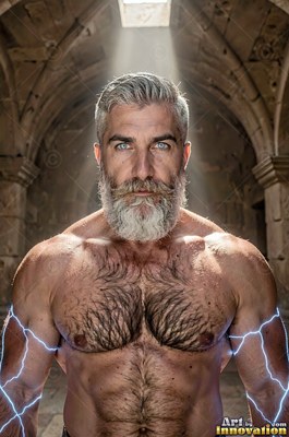 In a stone archway, a shirtless man with a pale gray beard stands under sunlight