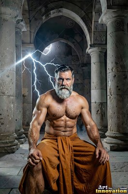 Kneeling in stone ruins, an athletic man who has a beard in an orange wrap faces lightning