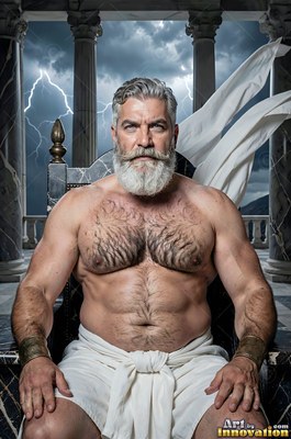 Broad-shouldered man with a silver beard sits on a throne before storm clouds