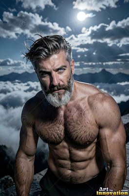 A gray beard frames a muscular, shirtless man crouching under moonlight above the clouds