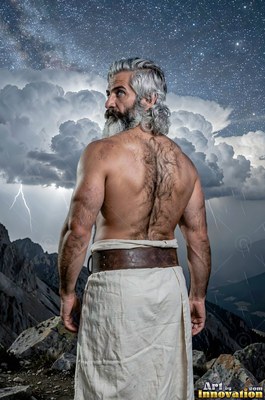 Back turned on a mountain peak, a shirtless gray-haired man looks over his shoulder