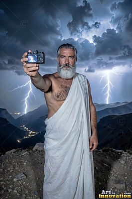 A bearded man draped in a white toga takes a photo during a lightning storm
