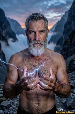 In the rocky mountains, a man with a bare chest with a silver beard holds white lightning