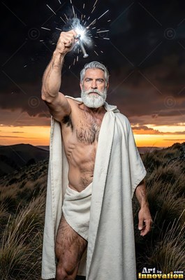 Holding up a sparking bolt, an older bearded man in a white robe stands on a grassy hill