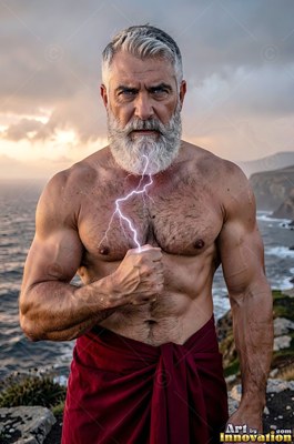 An athletic man who has a beard holds a bolt of lightning by the sea cliff