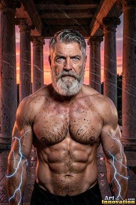 A silver-bearded, muscular man stands with lightning on his arms under stone columns in the rain