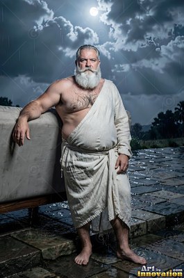 A silver-full-bearded man stands on a wet stone terrace under the pale moonlight