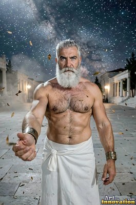 A bare-chested man with a white beard reaches forward in a stone courtyard under stars