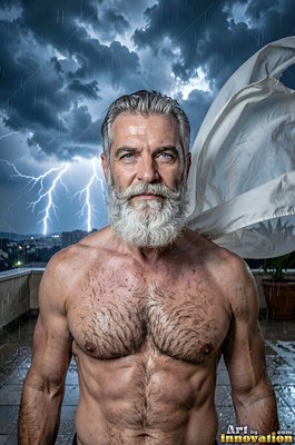 On a rainy terrace, a man with a bare chest with a white beard stands before lightning