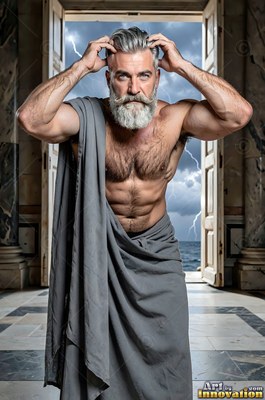 Holding his head, a bearded muscular man in a gray robe stands before open doors to a storm