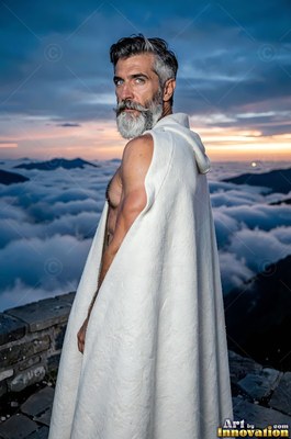 A gray-bearded man stands on a mountain ledge in a white cloak against warm sunset light