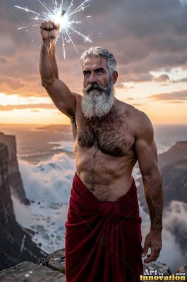 Standing on a cliff, a man who has a beard raises sparks into the sunset sky