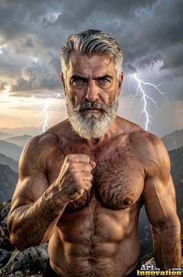 A muscular, gray-haired man holds up a fist before storm clouds and lightning