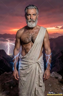 On a mountain at sunset, a man sporting a beard in a toga has lightning on his arms