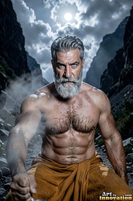 Kneeling on a rocky path, a well-built man with a gray beard looks ahead under a full moon