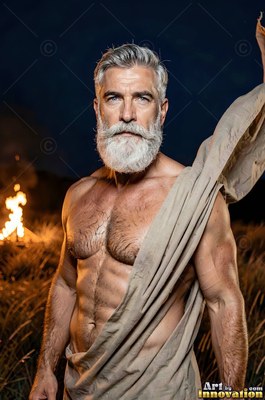 Well-built man with a white beard wearing a tan cloth draped over one shoulder