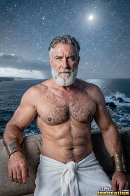 A white-bearded unclothed-torso man in wide bronze cuffs sits by a stormy sea at night