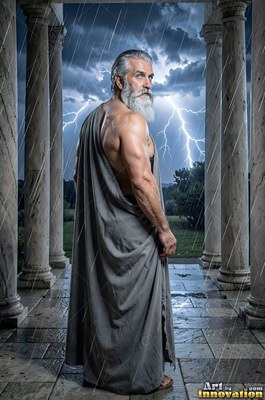 A bearded man in a gray robe turns under rain beside bright white lightning