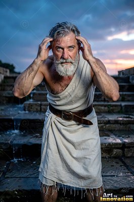 Leaning forward on stone steps, a bearded man holds his head in a white tunic