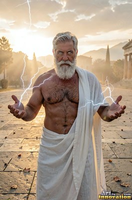 A bare-chested older man dressed in a white toga holds lightning bolts in his open hands