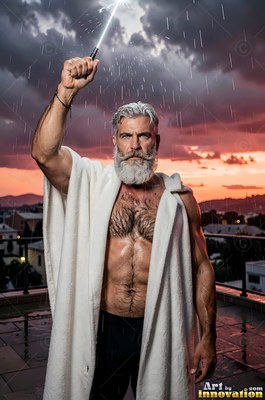 On a rainy rooftop terrace, a gray-bearded man in a white robe raises a spark