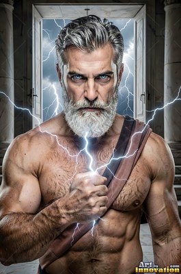 Clutching lightning in his fist, a muscular man with a graying beard stares forward
