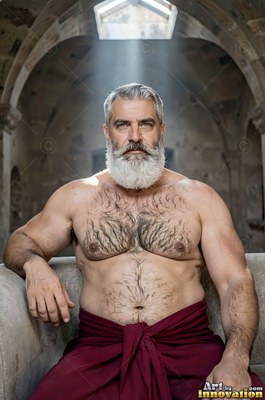 Shirtless well-built man with a white beard sitting in sunlight