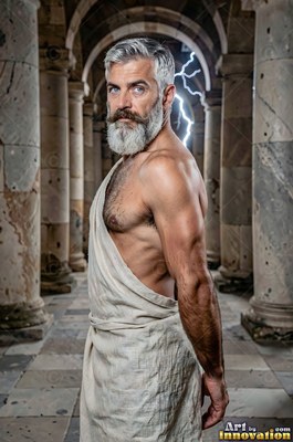 A silver-man sporting a beard wrapped in a white toga stands in a stone hall as lightning flashes behind him