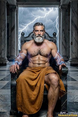 A bearded muscular man sits on a stone throne as bright blue lightning crack les on his arms