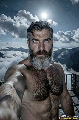 A shirtless, man sporting a beard standing on a stone terrace high above the clouds