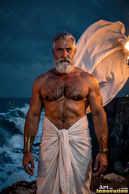An athletic man with a gray beard stands in a white wrap by a stormy sea