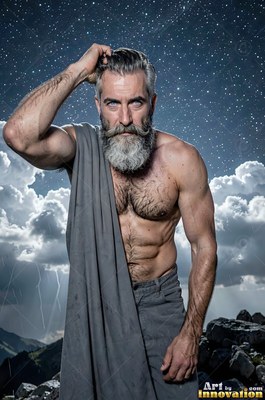Under a starry night sky, a muscular, man sporting a beard stands in a gray robe