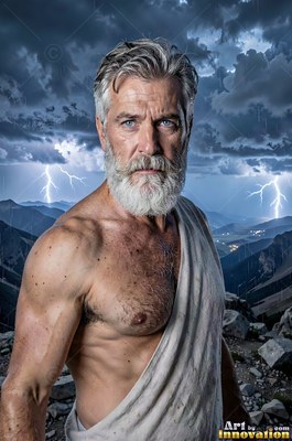 Standing outdoors, a muscular bearded man looks forward as lightning strikes behind mountains