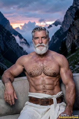 A muscular older man with a white beard rests outside in the mountains
