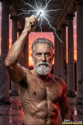 A man with a full silver beard holds up a crackling lightning bolt under an orange sunset sky