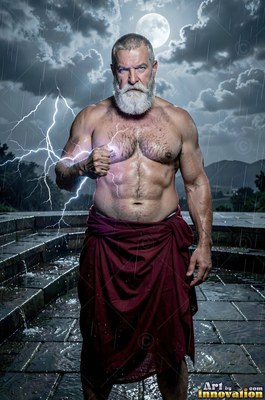 Standing on a wet stone terrace, a muscular man holds lightning in his fist