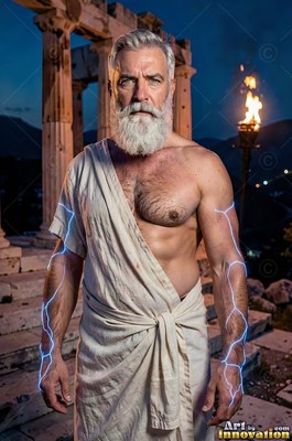A bearded older man wearing a white toga stands outside with blue lightning on his arms
