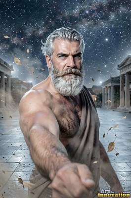 Under a starry night sky, a gray-haired full-bearded man reaches his arm forward