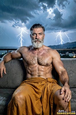 Sitting on a balcony in the rain, a muscular man with a white beard rests before lightning