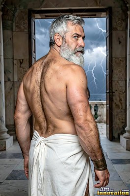 Bare-chested man with a silver beard looks back at a stormy sky