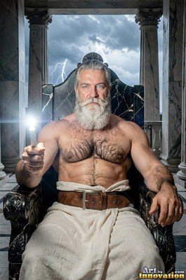 Seated on a dark marble throne on a terrace, a muscular man sporting a beard holds a bright light