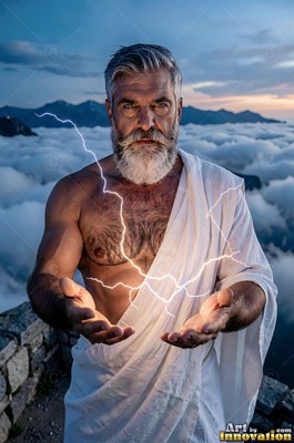 A full-bearded man wrapped in a white toga holds lightning above the clouds
