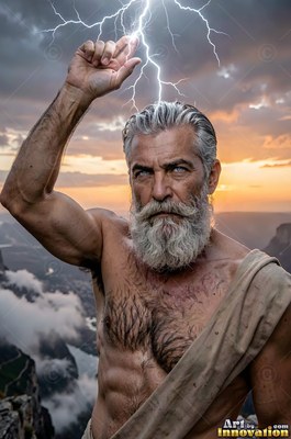 On a mountain cliff, a bearded man raises his hand to touch white lightning