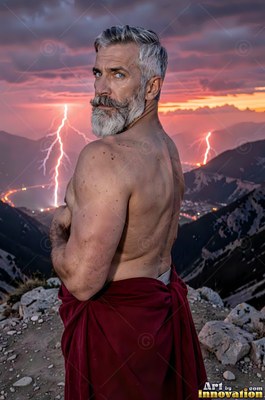 Shirtless man with a pale gray beard looking back near lightning on a mountain